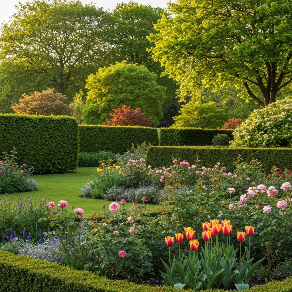 Beautiful well-maintained garden with green lawn and hedges